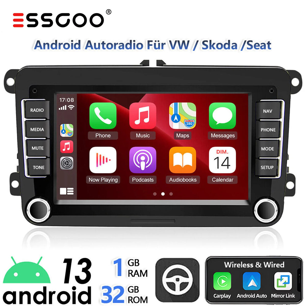 ESSGOO 7-Inch Android Car Stereo with 4G RAM, 64G Storage, Apple CarPlay, ChatGPT, GPS, WiFi, RDS, and Bluetooth Compatibility for VW Golf 5/6, Passat, Polo, Touran, Tiguan, Caddy, and EOS