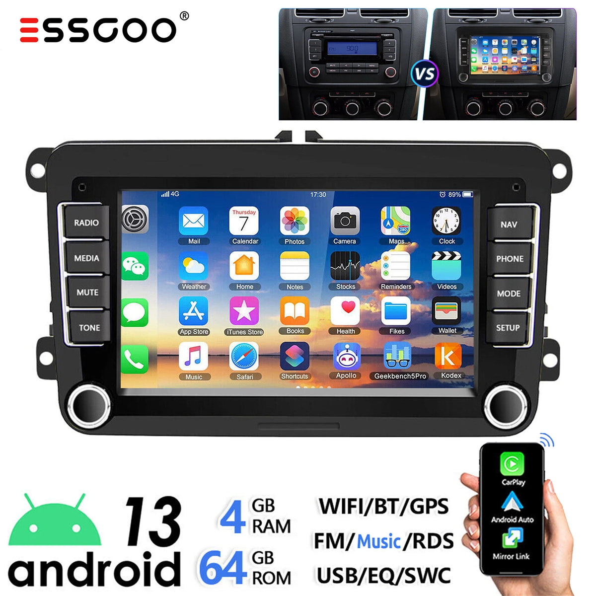 ESSGOO 7-Inch Android Car Stereo with 4G RAM, 64G Storage, Apple CarPlay, ChatGPT, GPS, WiFi, RDS, and Bluetooth Compatibility for VW Golf 5/6, Passat, Polo, Touran, Tiguan, Caddy, and EOS