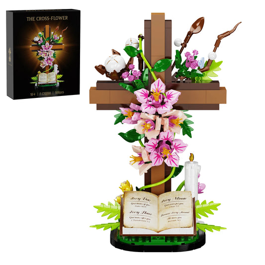 Jesus Cross Floral Building Blocks Set - Easter Bible-Themed Decorative Item for Adults (568 PCS) - Catholic Religious Gift