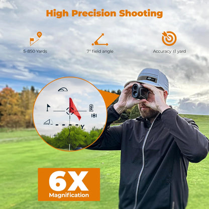 Precision Golf Rangefinder with 850 Yards Range and Slope Compensation Accurate Laser Distance Measuring Device Rechargeable Li-Ion Battery High Definition LCD Display Portable Golf Hunting Climbing Bird Watching