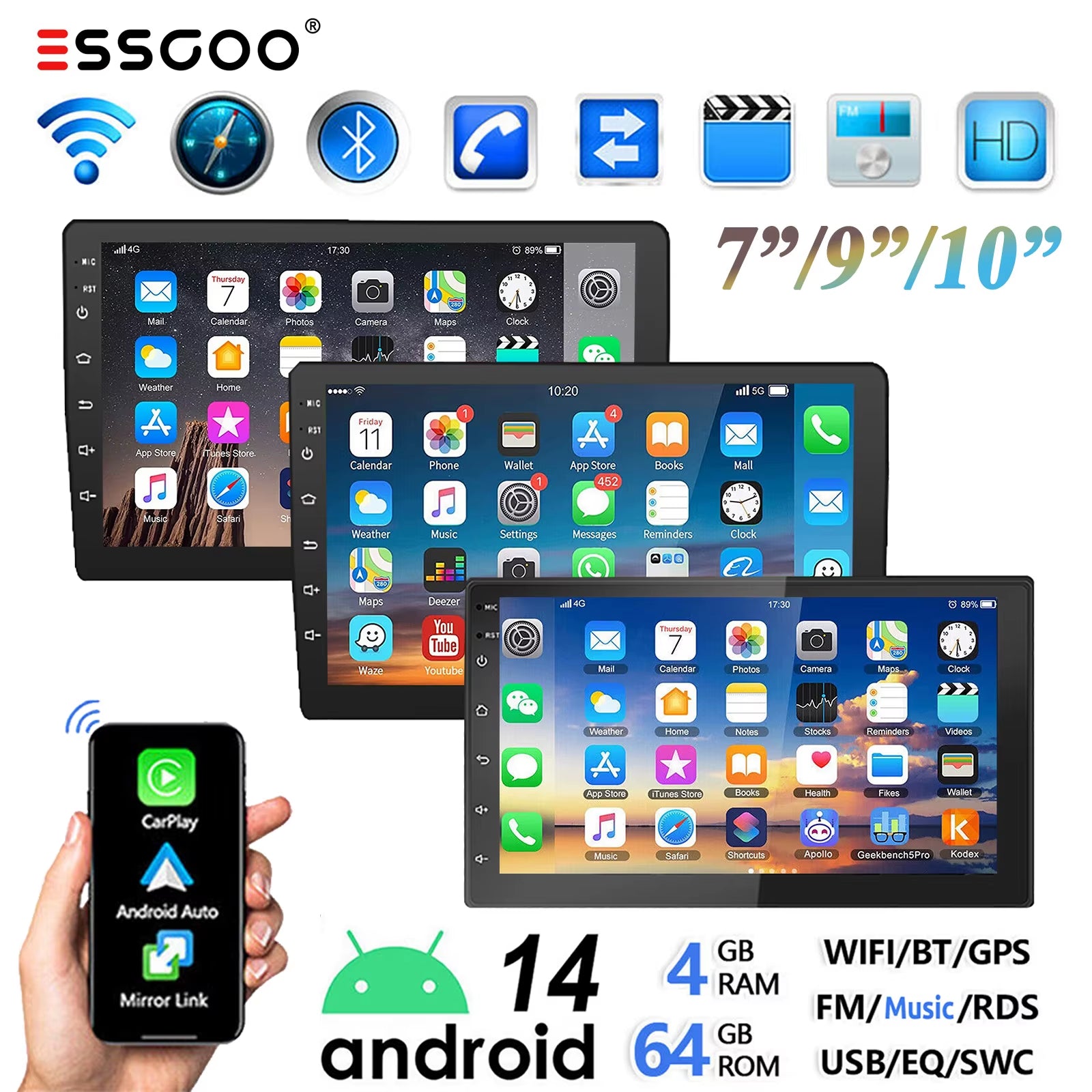 ESSGOO 7"/9"/10“ 2 DIN Android 14 4+64G Car Stereo Carplay Android Auto GPS Navi Bluetooth FM RDS Radio WIFI Touchscreen Chatgpt