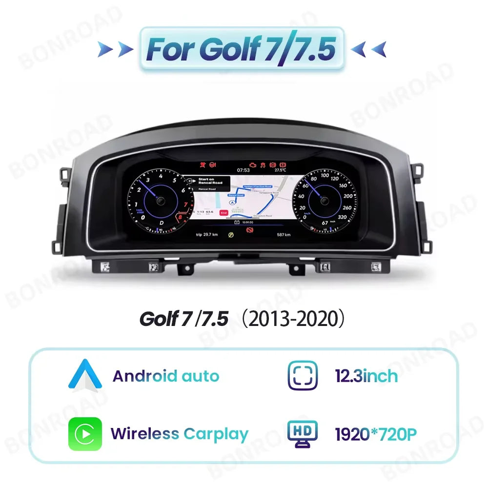 12.3-Inch Digital Dashboard Cluster with Wireless CarPlay and Android Auto for VW Golf 7 MK7 (2013-2020) - Virtual Cockpit Instrument Panel