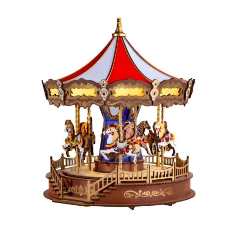 Robotime 3D Wooden Puzzle Carousel Music Box with LED Lights Gear Model Building Construction Craft Kits Xmas Gifts for Adult