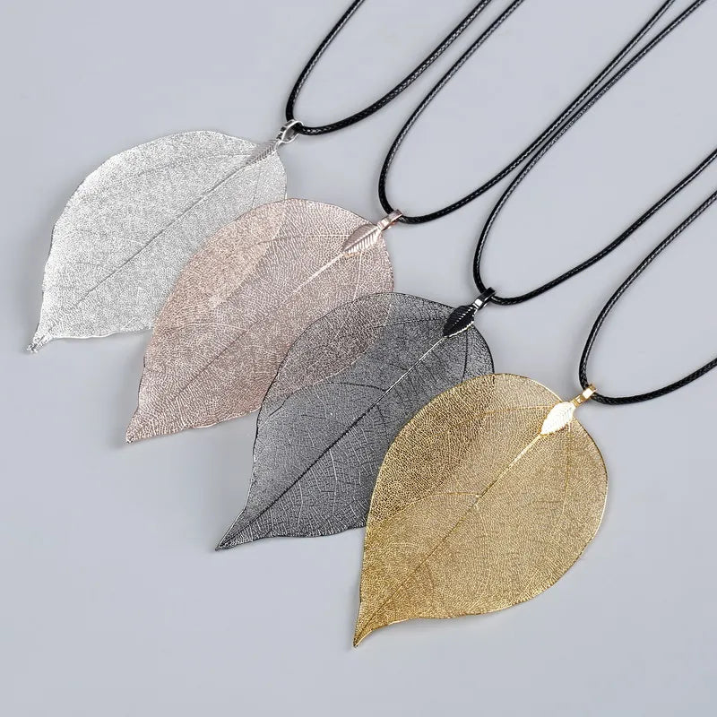 Unique Natural Real Leaf Choker Pendant Necklace for Women True Leaves Shape Filigree Vintage Necklace Jewelry Gift