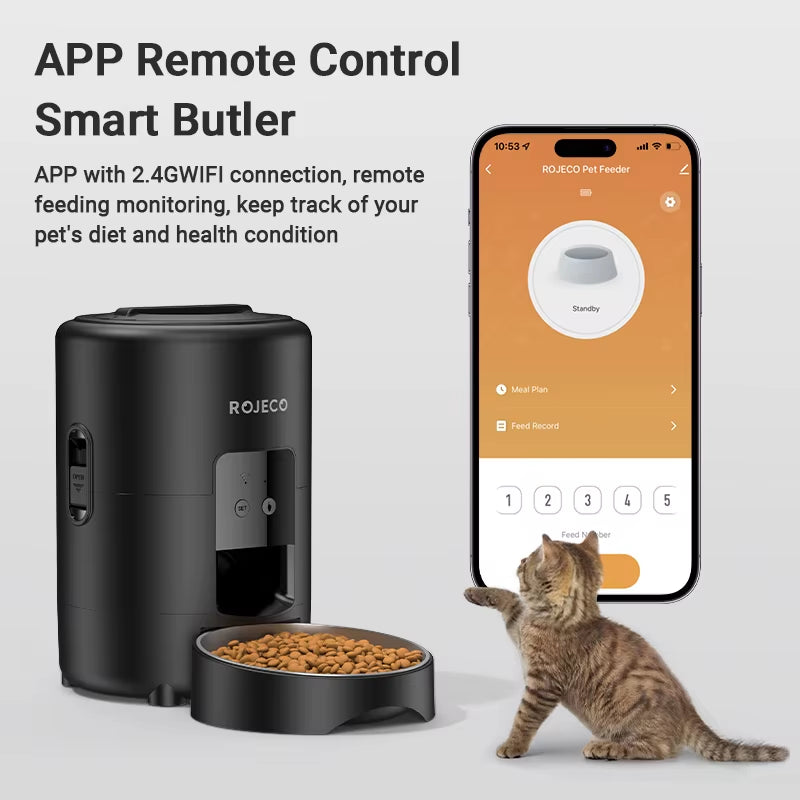 ROJECO Automatic Cat Feeder 2L Smart Pet Food Kibble Dispenser Wifi App Remote Control Dog Feeder for Pet Cat Dog Accessories