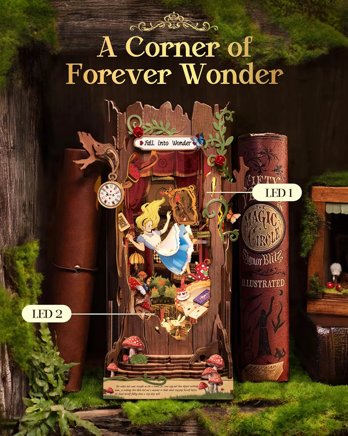 Robotime Rolife Book Nook Kits Fall into Wonder DIY Booknook with Lights Miniature House Kit 3D Wooden Puzzle Bookshelf Gift TGB