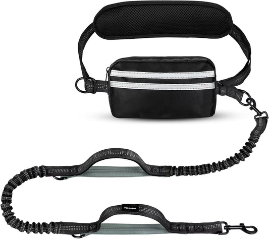 Hands-Free Double Dog Leash with Pouch - Retractable Bungee for Two Dogs, Comfortable Padded Handles & Nighttime Safety Reflectors