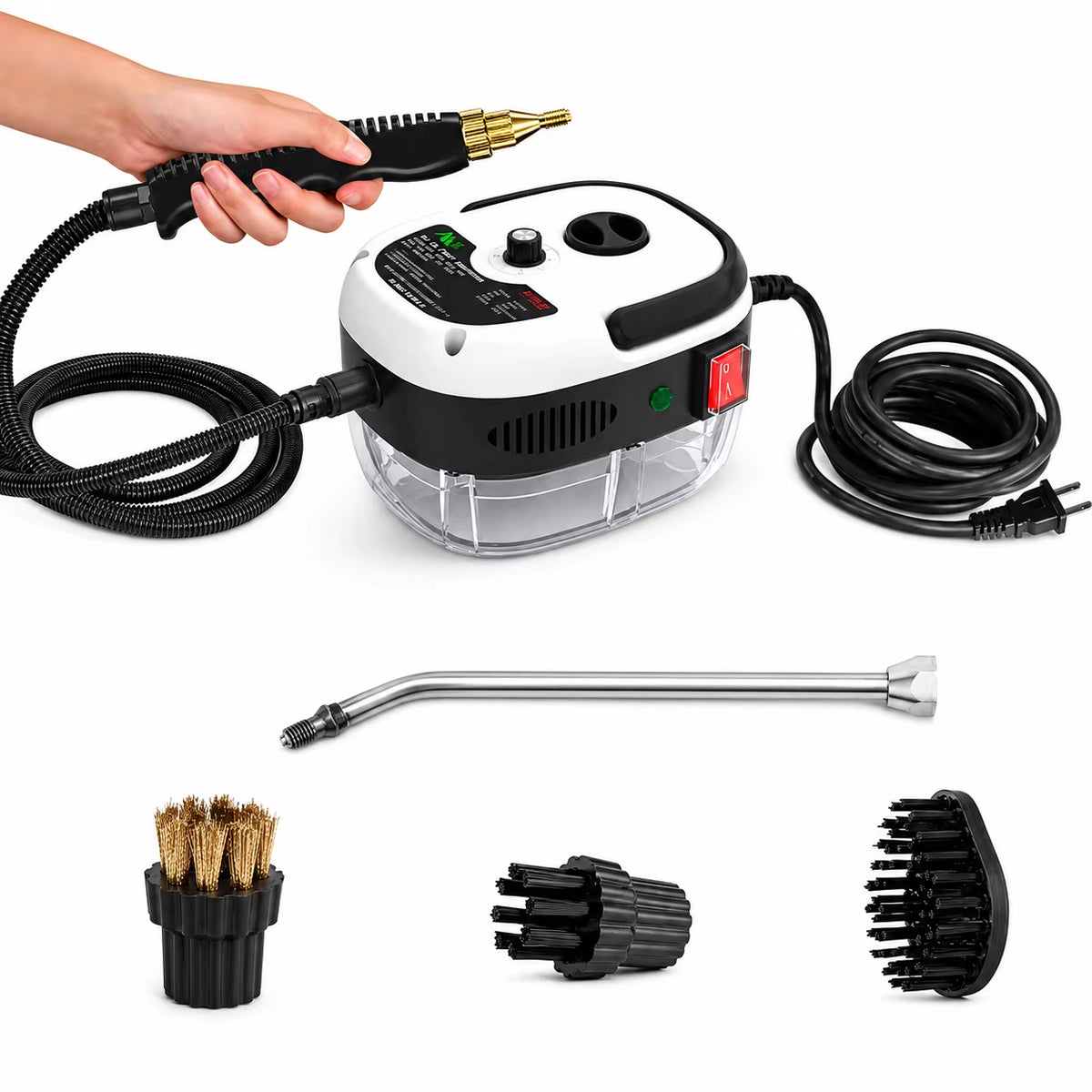 High-Pressure Portable Steam Cleaner with Brush Heads - Handheld Sanitizer with 6-Speed Settings, Extended Hose, and Large Capacity for Effective Grease and Dust Mite Removal in Air Conditioners, Range Hoods, Floors, Bathrooms, and Cookware.