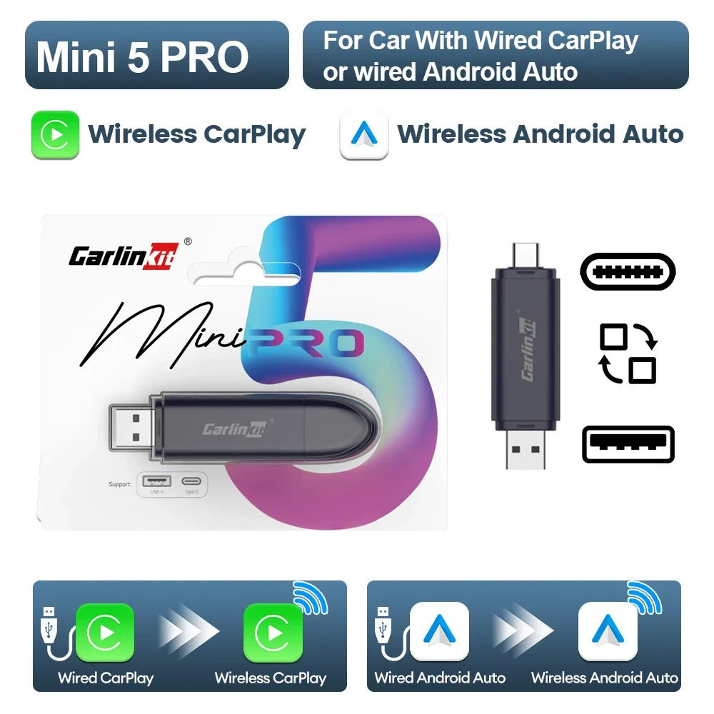 Carlinkit 5.0 Mini Ultra & Mini 5 Pro Wireless Adapter for Seamless Wireless CarPlay and Android Auto Connectivity