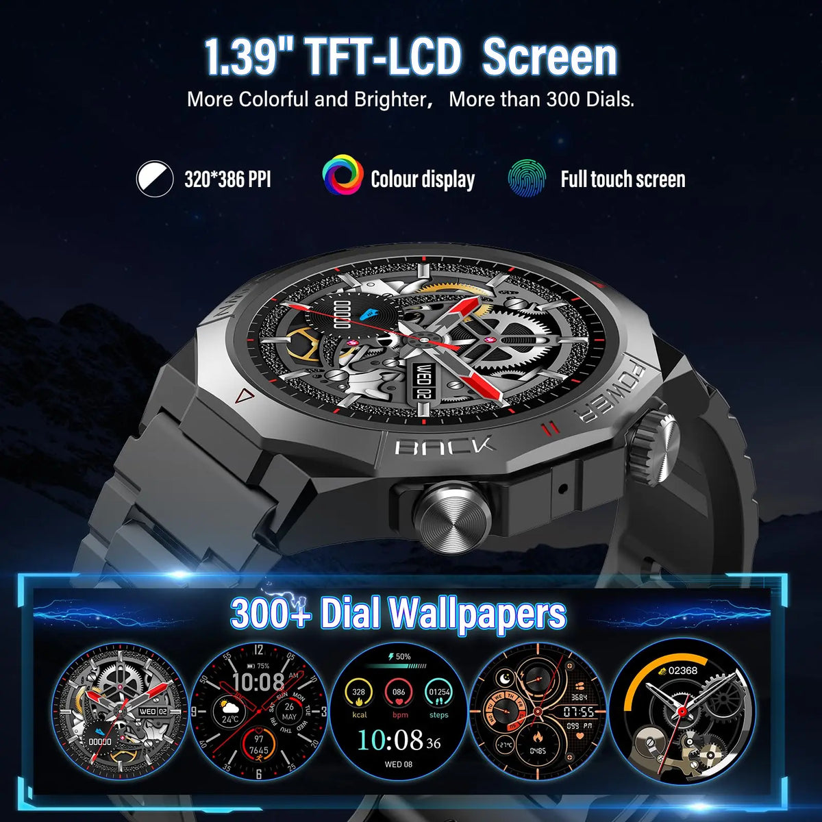 Men's Military Smartwatch with 1.39" HD Touchscreen, IP68 Waterproof Rating, 110+ Sports Modes, Heart Rate and Sleep Monitoring, Bluetooth Calling, and 7-30 Days Battery Life for Android and iOS.