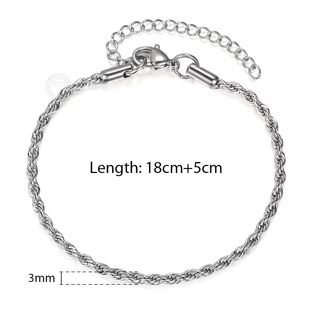 2/3/4/5Mm Stainless Steel Twisted Rope Chain Bracelets for Women Men Fashion Punk Bangle Length Adjustable 18Cm+5Cm