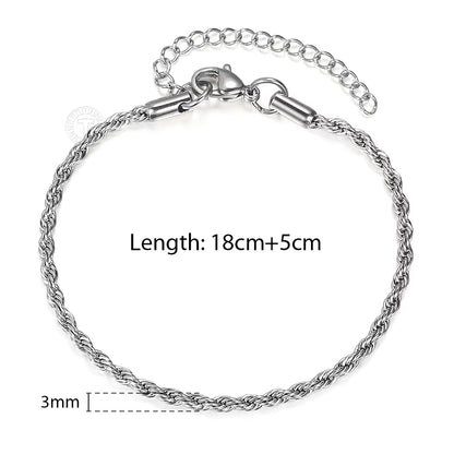 2/3/4/5Mm Stainless Steel Twisted Rope Chain Bracelets for Women Men Fashion Punk Bangle Length Adjustable 18Cm+5Cm