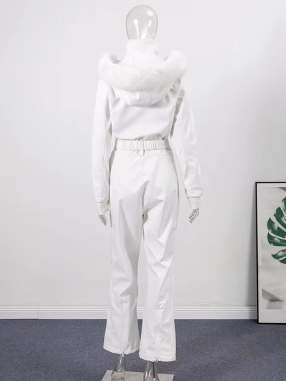 Casual Fur Collar Hooded Ski Suit Women'S Slim Belted Zipper Coat Straight Pant Jumpsuits 2025 New Winter Ladies Solid Outwear