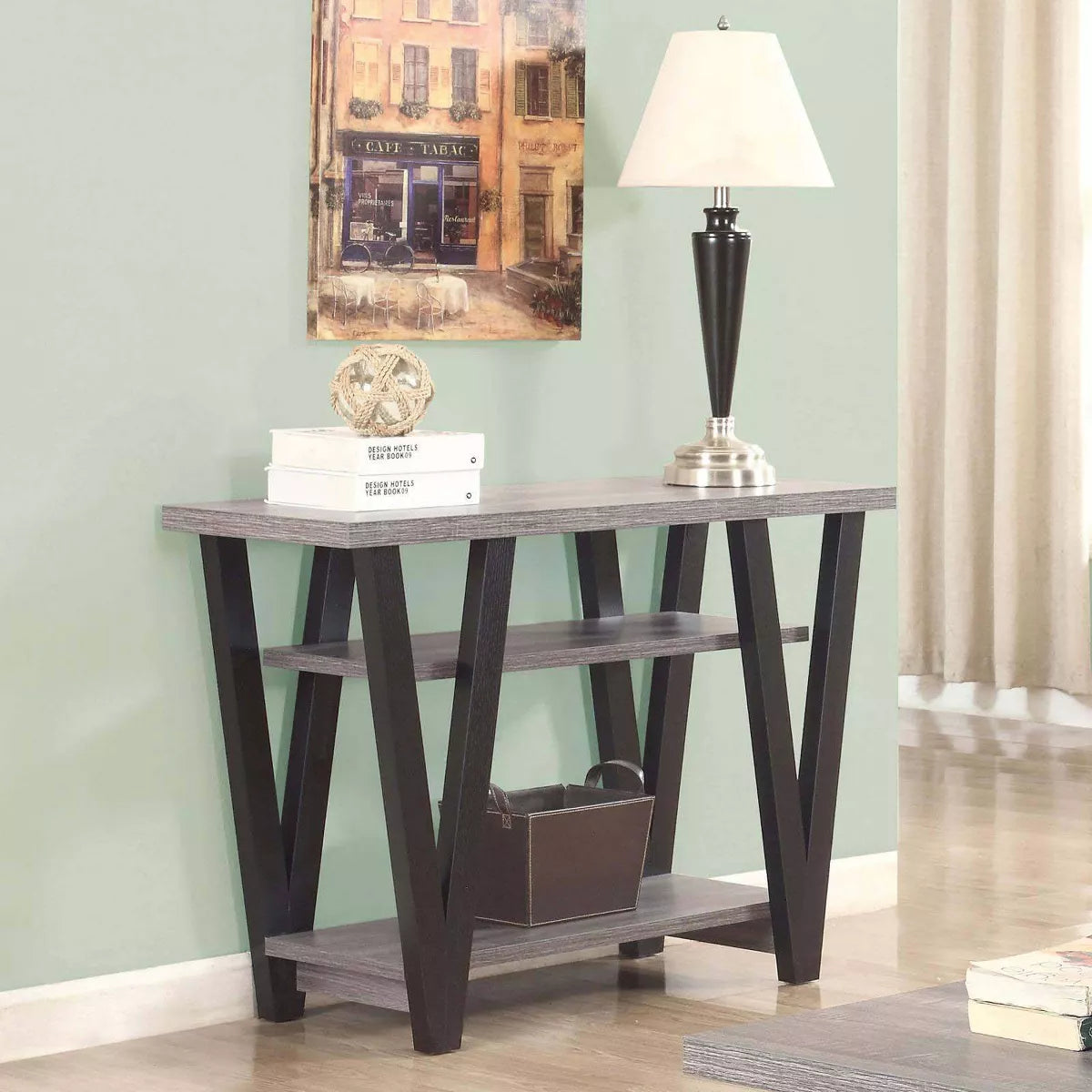 Contemporary V-Shaped Wood Sofa Table in Black and Antique Gray