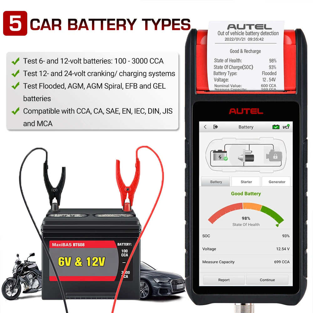  Maxibas BT608E Car Battery Tester Scanner 12V 24V 100-3000 CCA Battery Analyzer All System Diagnostic Battery Registration Tool