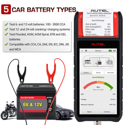  Maxibas BT608E Car Battery Tester Scanner 12V 24V 100-3000 CCA Battery Analyzer All System Diagnostic Battery Registration Tool
