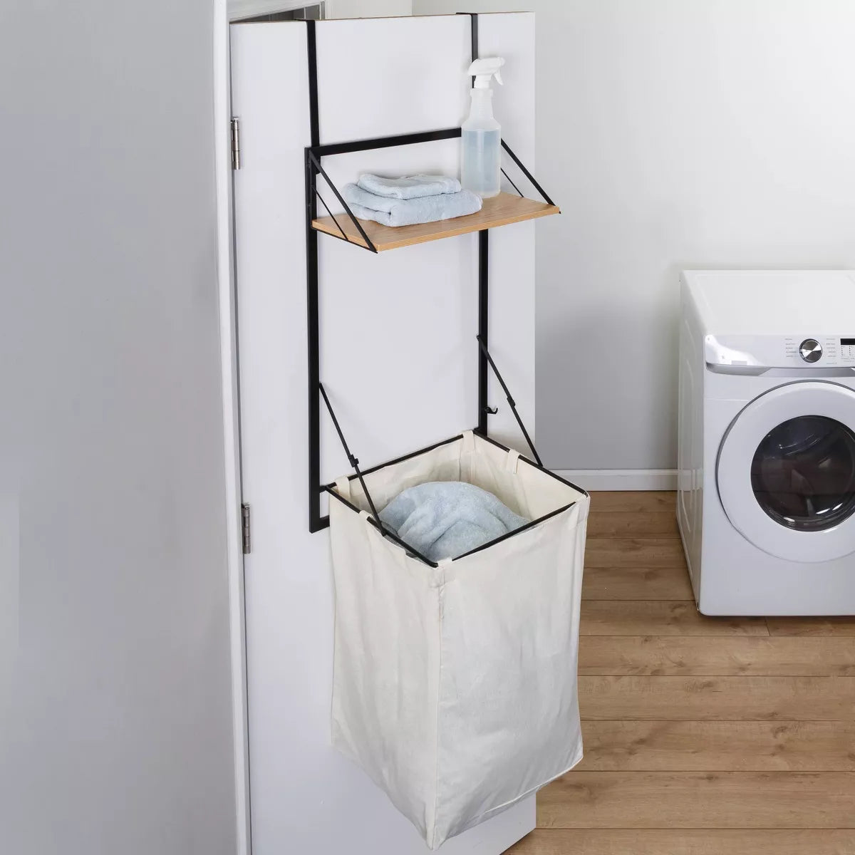 Laundry Shelf + Hamper Combo with Wood Light Oak: Wall Mounted Hanging Clothes Hamper, Collapsible Sorter