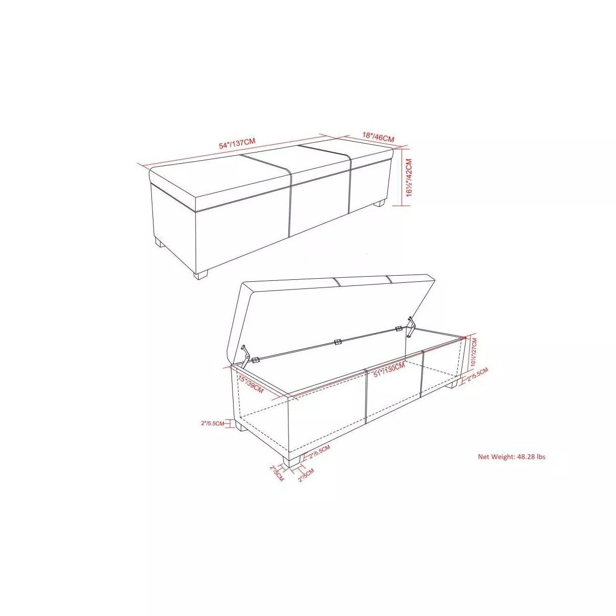 Extra Large Upholstered Storage Ottoman Bench in Satin Cream with Hinged Lid, Accommodates Two Seats