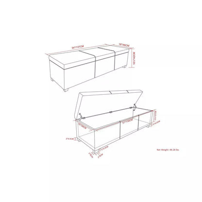 Extra Large Upholstered Storage Ottoman Bench in Satin Cream with Hinged Lid, Accommodates Two Seats