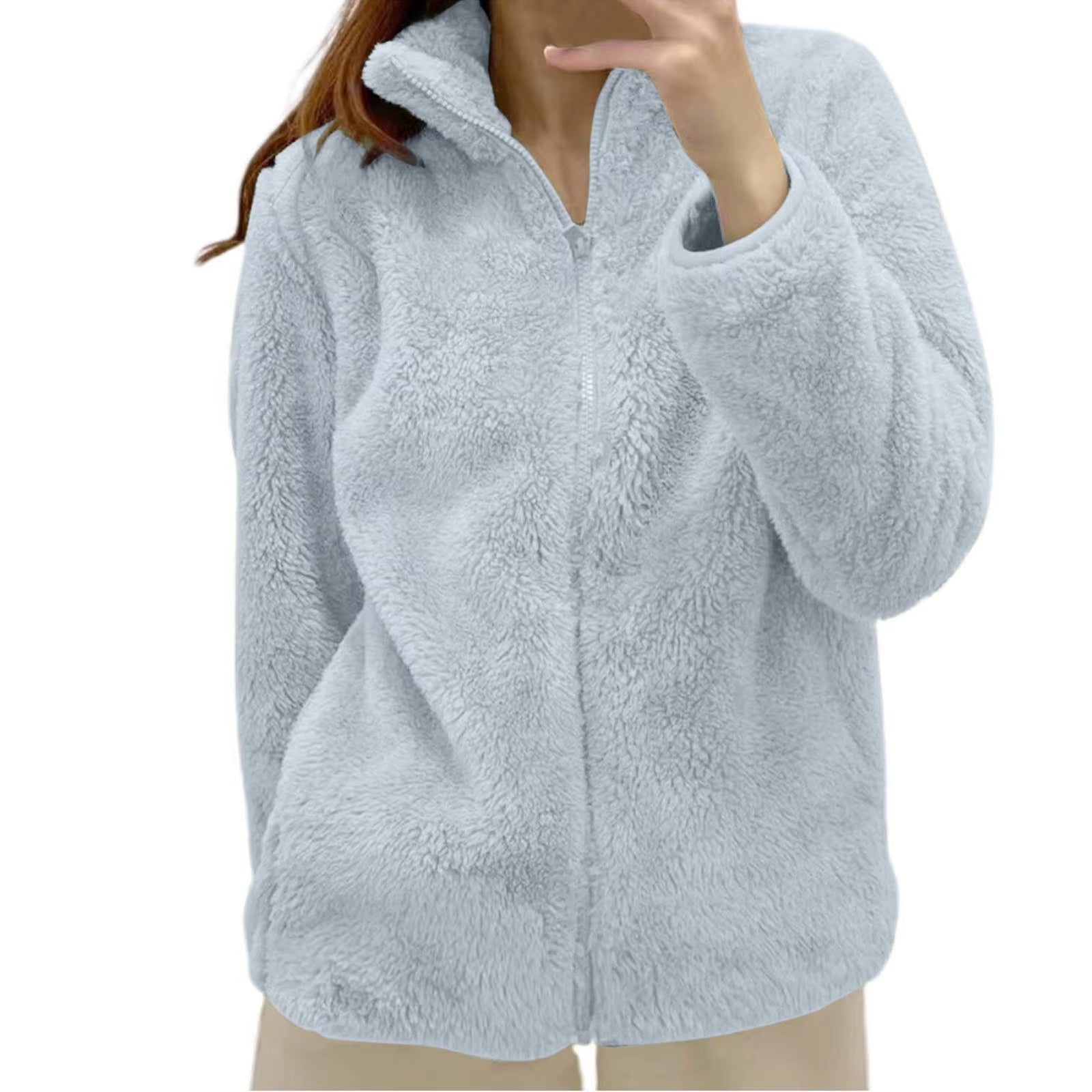 Women Casual Zip up Fleece Jacket Solid Color Long Plush Polar Warm Zipper Outwears Female Gils Lamb Wool Jackets with Pockets