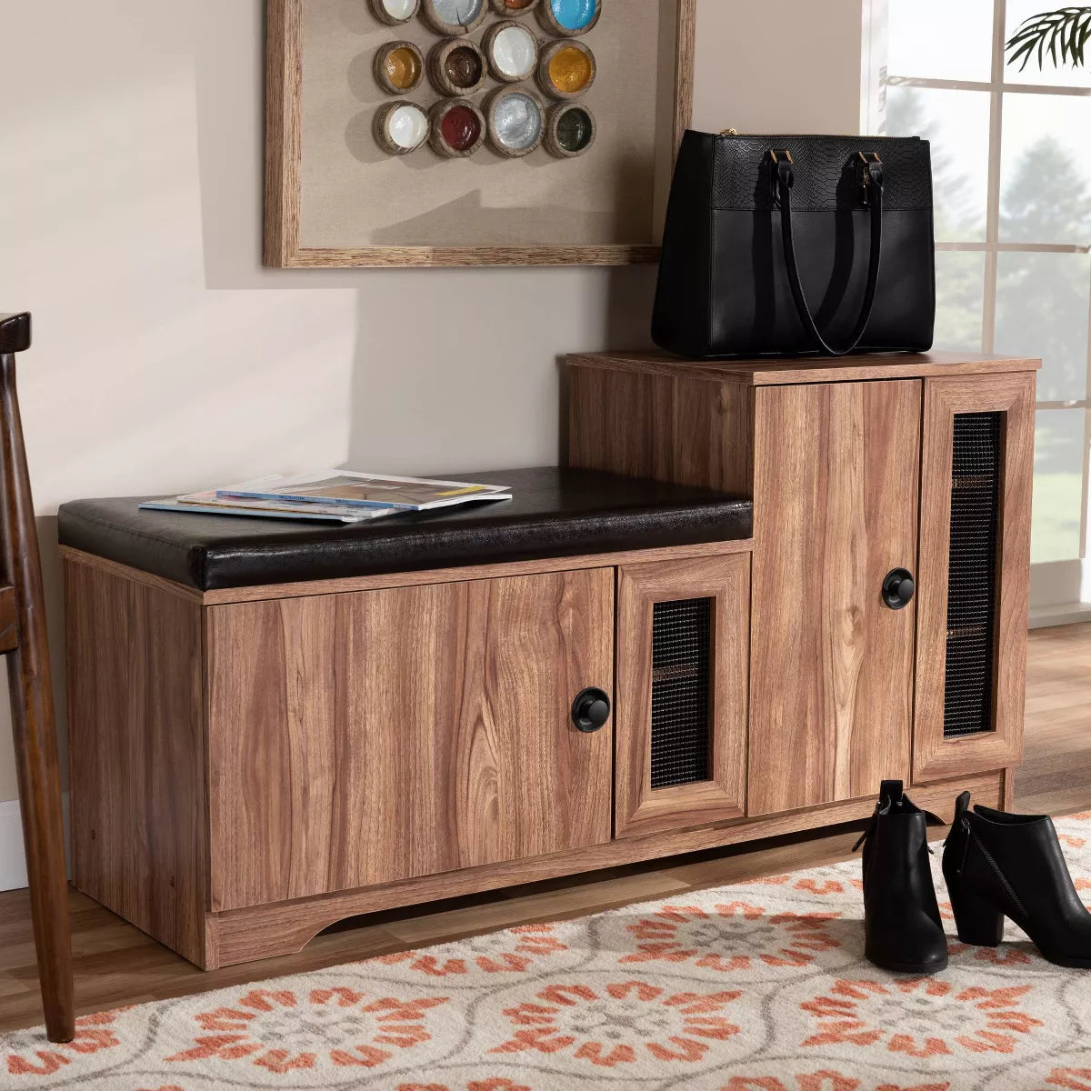 2 Door Valina Faux Leather Wood Shoe Storage Bench with Cabinet Brown - Engineered Oak Finish, 5 Shelves