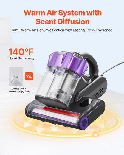 Succebuy Handheld Mattress Vacuum Cleaner with 18Kpa Suction Power, Dual Dust Bin, HEPA Filter, and Heating Ultrasound for Beds and Sofas