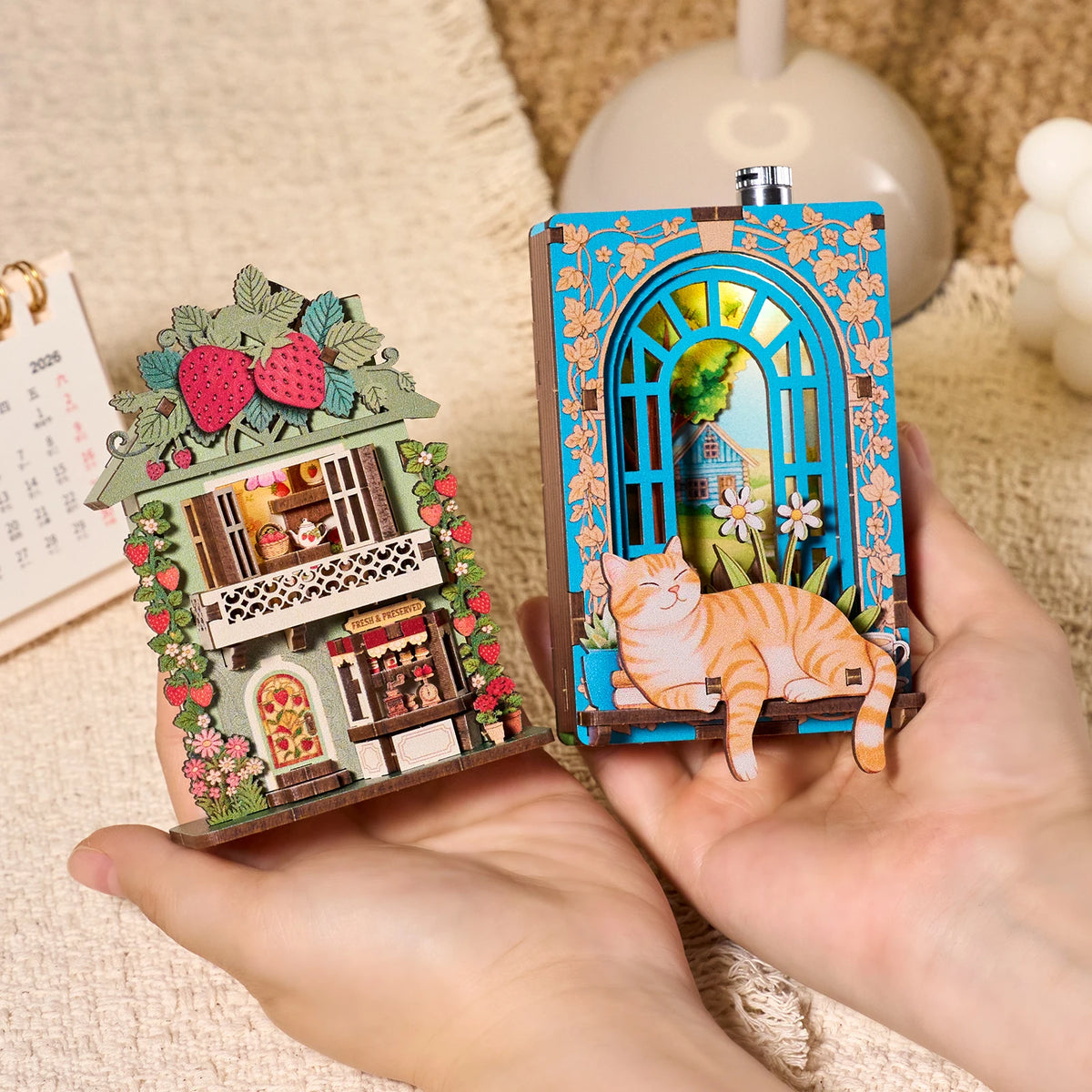 DIY 3D Book Nook Fridge Magnet Kit - Creative Assembly Model with Miniature Furniture and Animal Decor for Dollhouse Enthusiasts