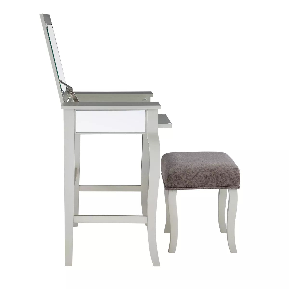 Harper Glam Flip-Up Mirror Wood Vanity and Gray Upholstered Stool Mirror and Silver