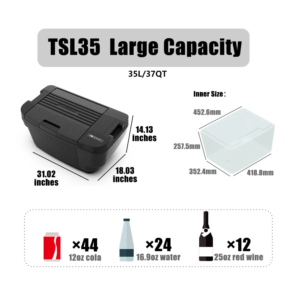 Alpicool TSL35 Portable Refrigerator for Tesla Model Y 2024, 37Qt (35L) Car Freezer with Rapid Cooling -4℉ to 68℉, 12/24V DC
