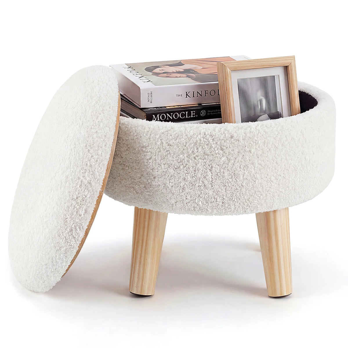 JHK Round Velvet Storage Ottoman with Padded Seat and Hidden Storage, Wood Legs for Living Room and Bedroom