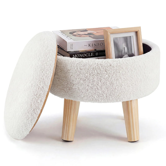 JHK Round Velvet Storage Ottoman with Padded Seat and Hidden Storage, Wood Legs for Living Room and Bedroom