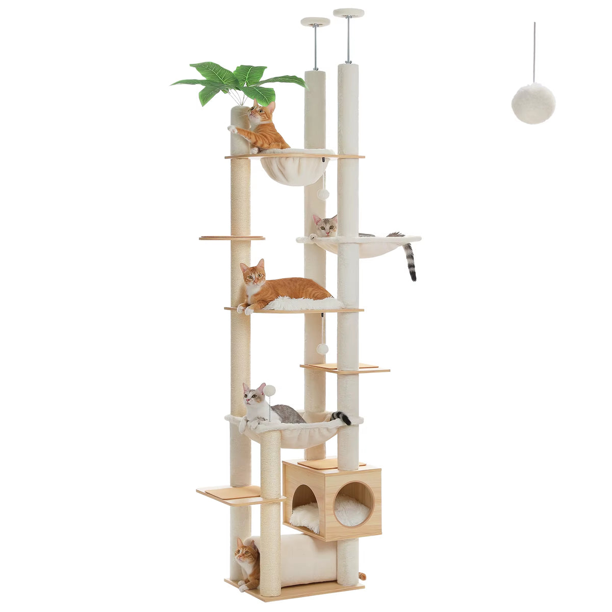 Height Adjustable Wooden Cat Tower with Spacious Hammock and Sisal Scratching Posts - Floor to Ceiling Indoor Cat Condo
