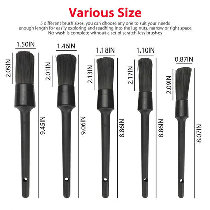 5PC Car Detailing Brush Kit Boar Hair Vehicle Auto Interior for Wheel Clean Sets