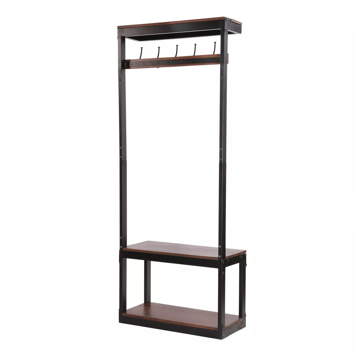 Modern Industrial Handcrafted Mango Wood Coat Rack with Bench Cafe Brown/Black -  Entryway Storage, 5 Hooks
