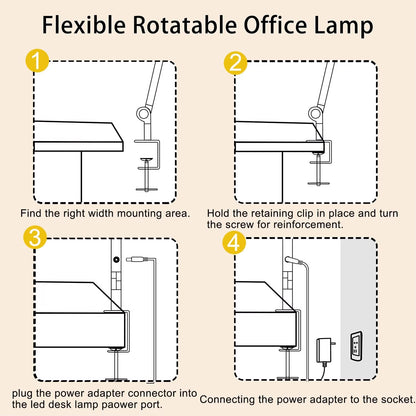 LED Desk Lamp with Clamp Flexible 4 Sections Swing Arm Three Light Sources Desk Light, 4 Color Modes & 5 Brightness