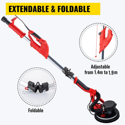 VEVOR Drywall Sander 850W, Electric Drywall Sander, Variable Speed 800-1750 RPM, Foldable Sheetrock Sander, with Telescope Handle, Electric Sander, with LED Strip Light and Vacuum Bag, Wall Sander