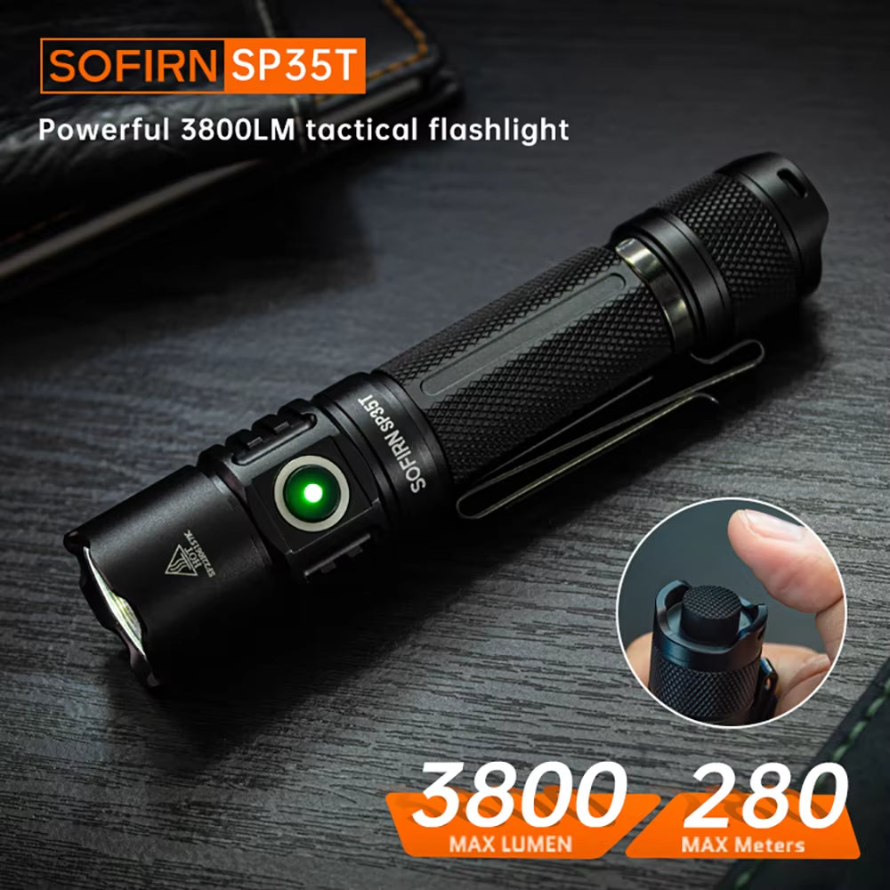 SP35T 3800Lm Tactical 21700 Flashlight Powerful LED Light USB C Rechargeable Torch with Dual Switch Power Indicator ATR