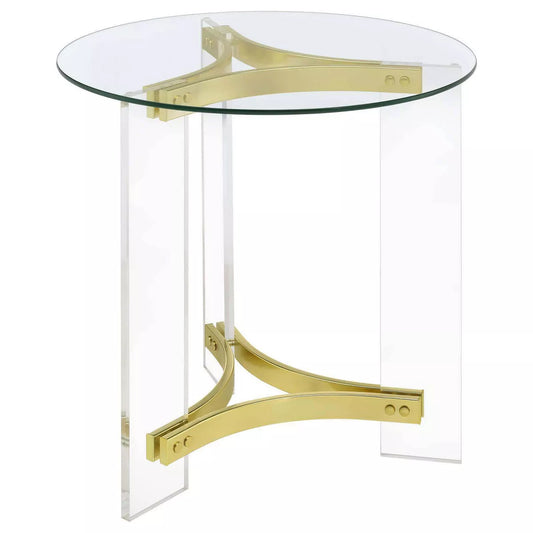 Janessa Contemporary Round Glass Top End Table with Clear Acrylic Legs and Brass Accents