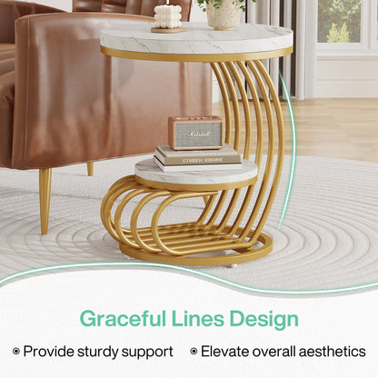 Tribesigns Gold Round End Table: Two-Tier Faux Marble Side Table with Storage Shelf, Contemporary White and Gold Bedside Nightstand