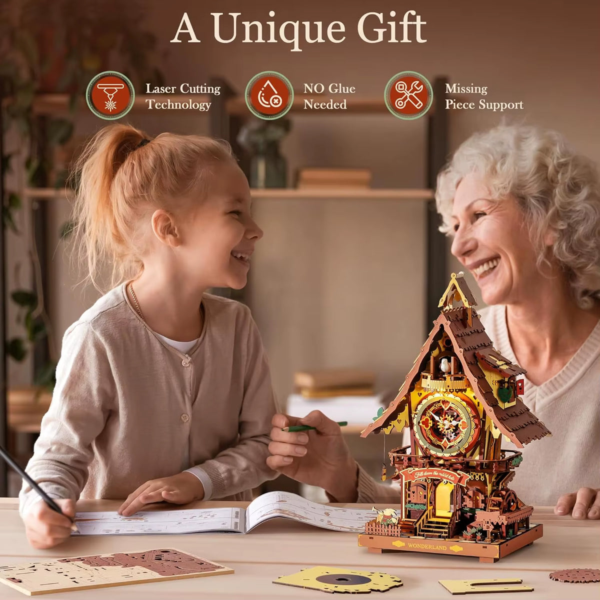 Robotime Rokr 3D Wooden Cuckoo Clock Puzzle Kit - Black Forest Style DIY Model for Kids and Adults