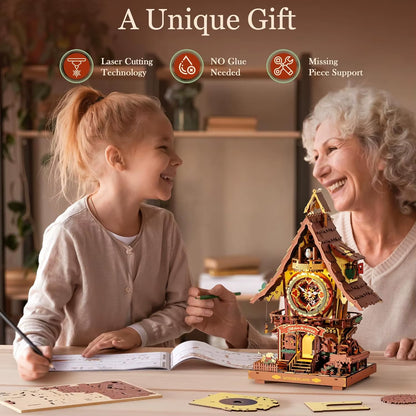 Robotime Rokr 3D Wooden Cuckoo Clock Puzzle Kit - Black Forest Style DIY Model for Kids and Adults