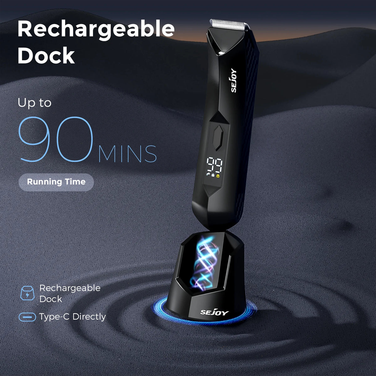 Men's Body Hair Trimmer with LED Light - Electric Grooming Device for Groin, Chest, and Legs with Ceramic Blades and Travel Lock - IPX7 Waterproof for Wet/Dry Use