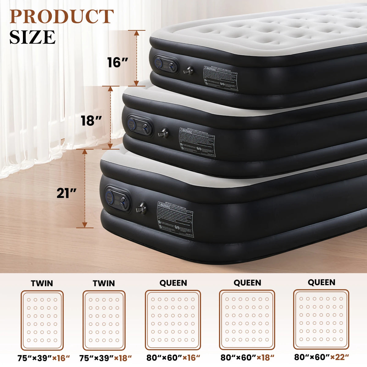 JHK Queen Twin Size Double Height Air Mattress with Non-Slip Bottom - 660 lbs Weight Capacity for Home or Camping Use