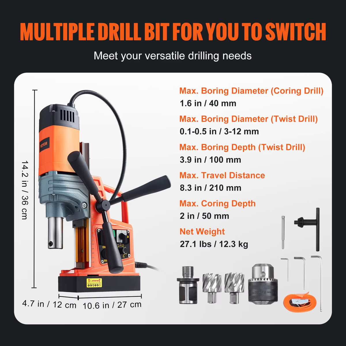 Succebuy 1300/1550W Portable Electric Magnetic Drill Press with Variable Speed 0-500 RPM for Metal Surfaces