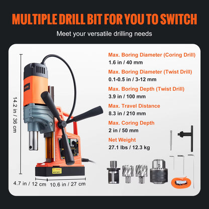Succebuy 1300/1550W Portable Electric Magnetic Drill Press with Variable Speed 0-500 RPM for Metal Surfaces