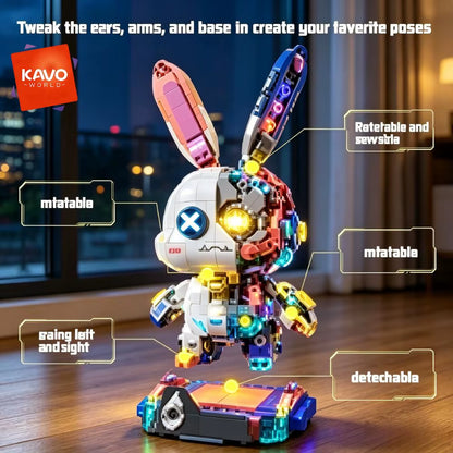 KAVOWORLD 1377-Piece Robot Rabbit Building Blocks Set with LED Light, Multi-Point Rotatable Detachable Base, DIY Cyberpunk Mecha Construction Kit for Home and Office Decor, Ideal Gift for Teens and Adults