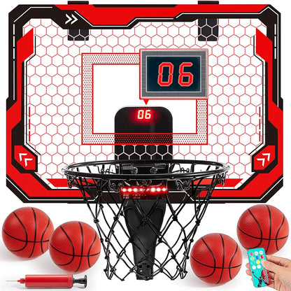JOYFY Mini Indoor Basketball Hoop Light up over the Door Basket Ball Hoop for Kids Toys Birthday Gifts with Scoreboard & 4 Balls