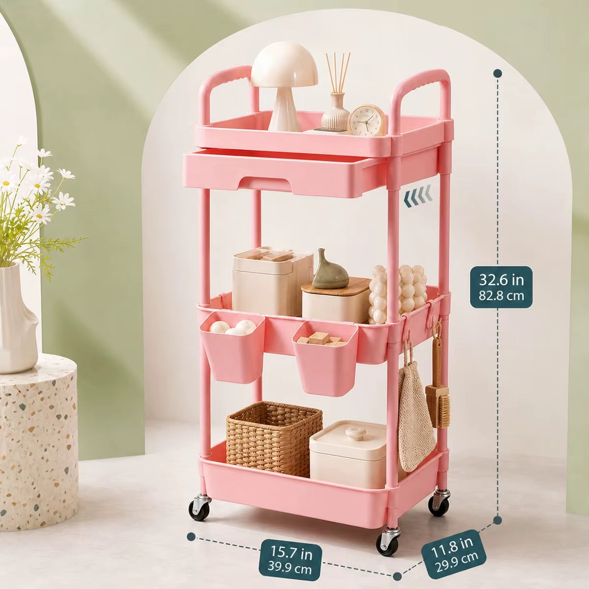 3-Tier Mobile Storage Cart with Pull-Out Drawer, Lockable Wheels, and Hanging Cups - Versatile Organizer for Kitchen, Bathroom, and Living Room