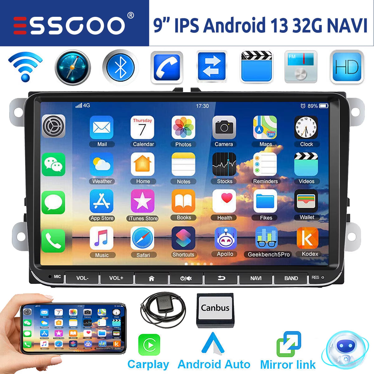 9-Inch Android 14 Car Stereo with 4G+64G, Wireless CarPlay, GPS Navigation, WiFi, RDS FM, Bluetooth, and Equalizer for VW Golf 5/6, Passat, Polo, Touran, Tiguan, Caddy, and EOS