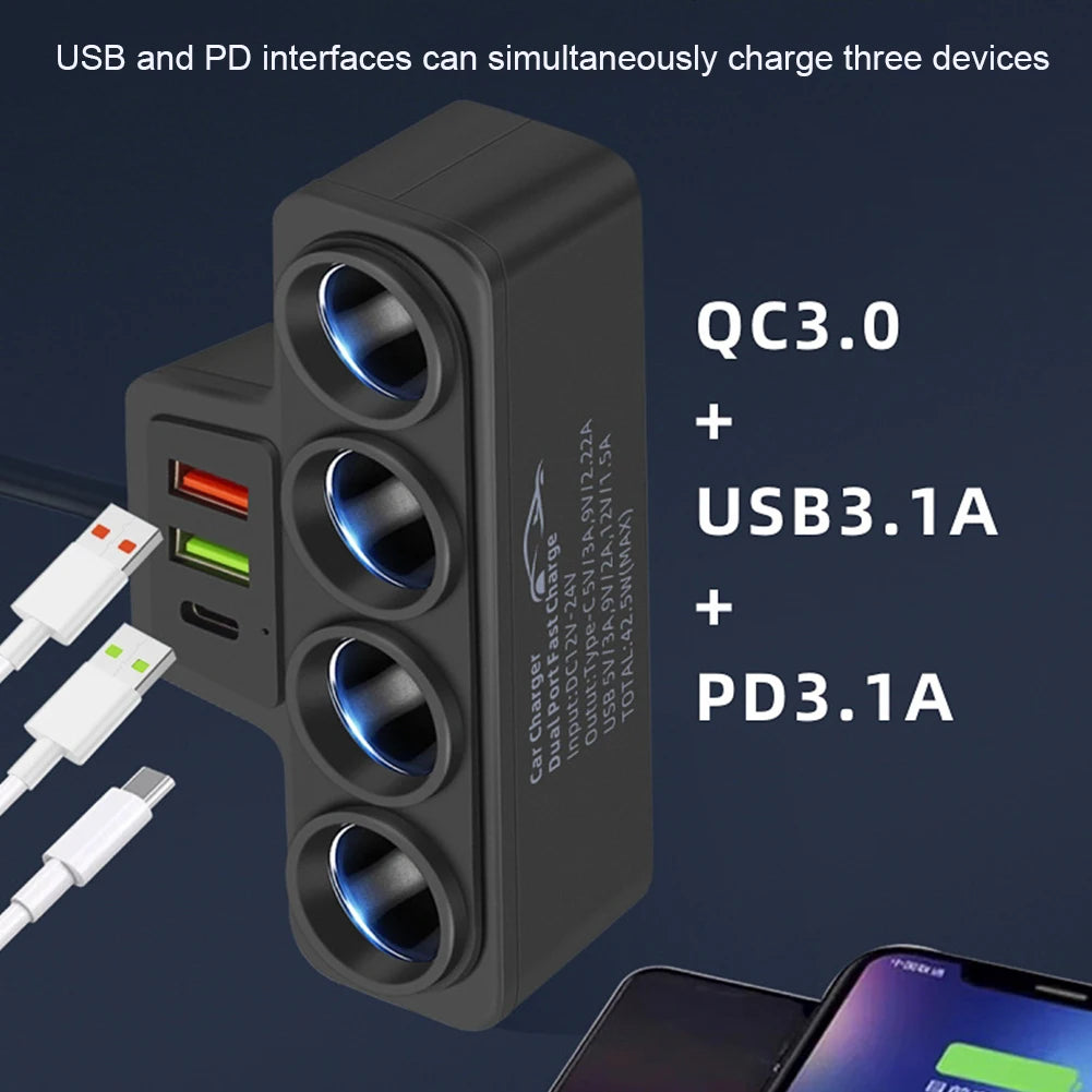 High-Performance 120W Car Cigarette Lighter Socket Splitter with QC3.0 and PD Technology, Featuring 4 Sockets and 3 USB Charging Ports